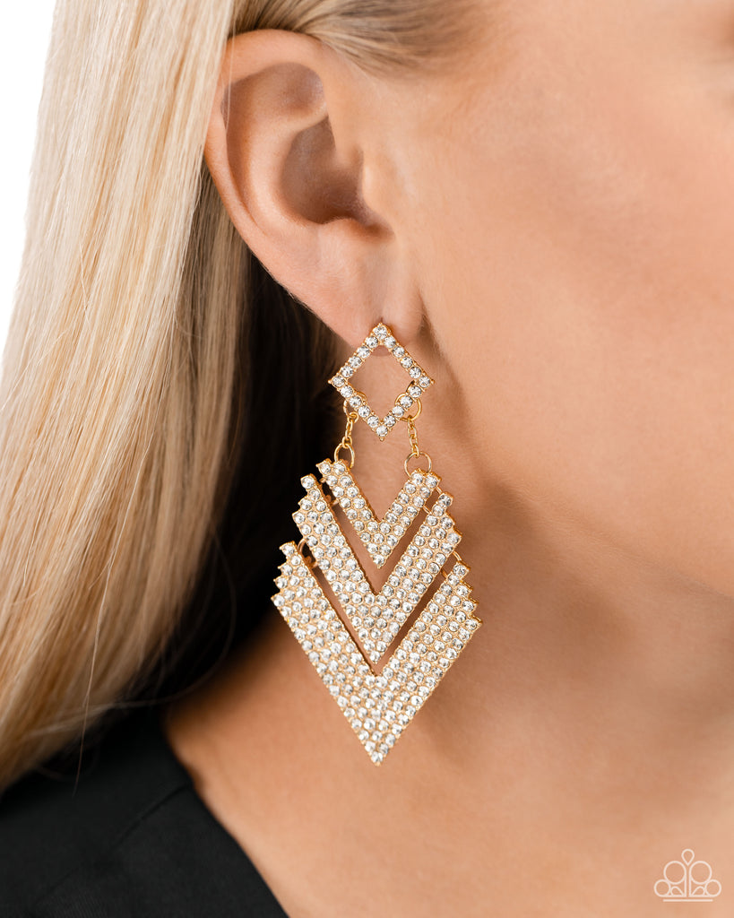 Attached to a white rhinestone-encrusted gold diamond-shaped frame, an edgy pair of white rhinestone-encrusted gold v-frames gradually increase in size as they swing from the ear for a bold look. Earring attaches to a standard post fitting.  Sold as one pair of post earrings.