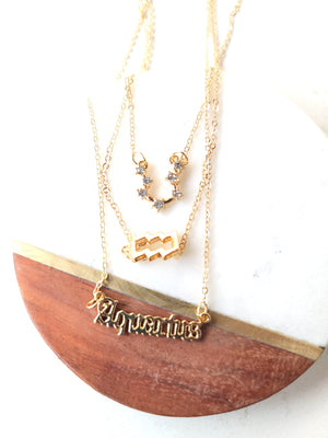 Triple Zodiac Necklace  Gold- Aquarius