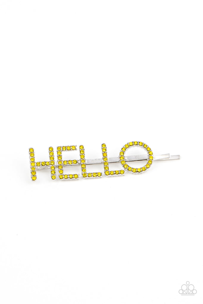 Encrusted in glittery Illuminating rhinestones, the word, "Hello," is spelled out across the front of a classic silver bobby pin for a charming look.
