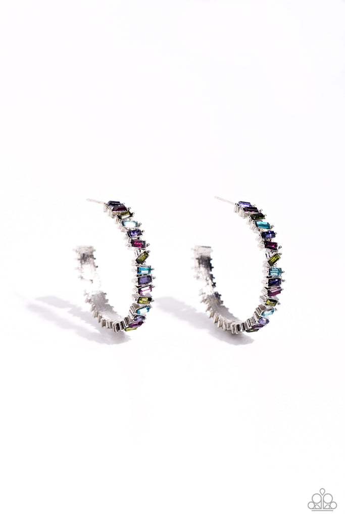 <p>Featuring various multicolored shades, emerald-cut gems set in silver-pronged fittings curve along the ear for a dizzying display. Earring attaches to a standard post fitting. Hoop measures approximately 1 1/2" in diameter.</p> <p><i> Sold as one pair of hoop earrings.</i></p>